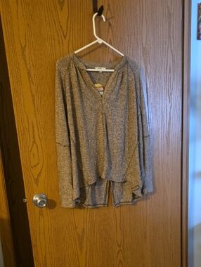 Cozy Beige With Black Heathering And Brown Stitching, Light Weight Knit Top .